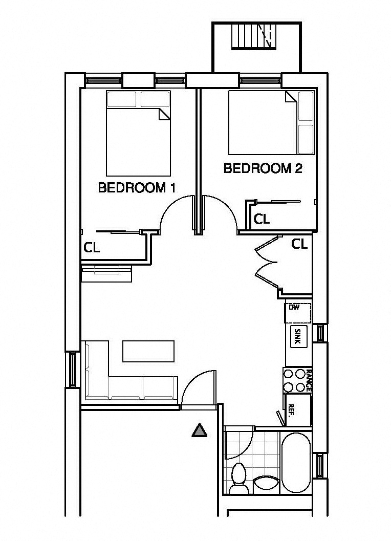 Floor plan for 2 beds, 1 bath, 700 sqft